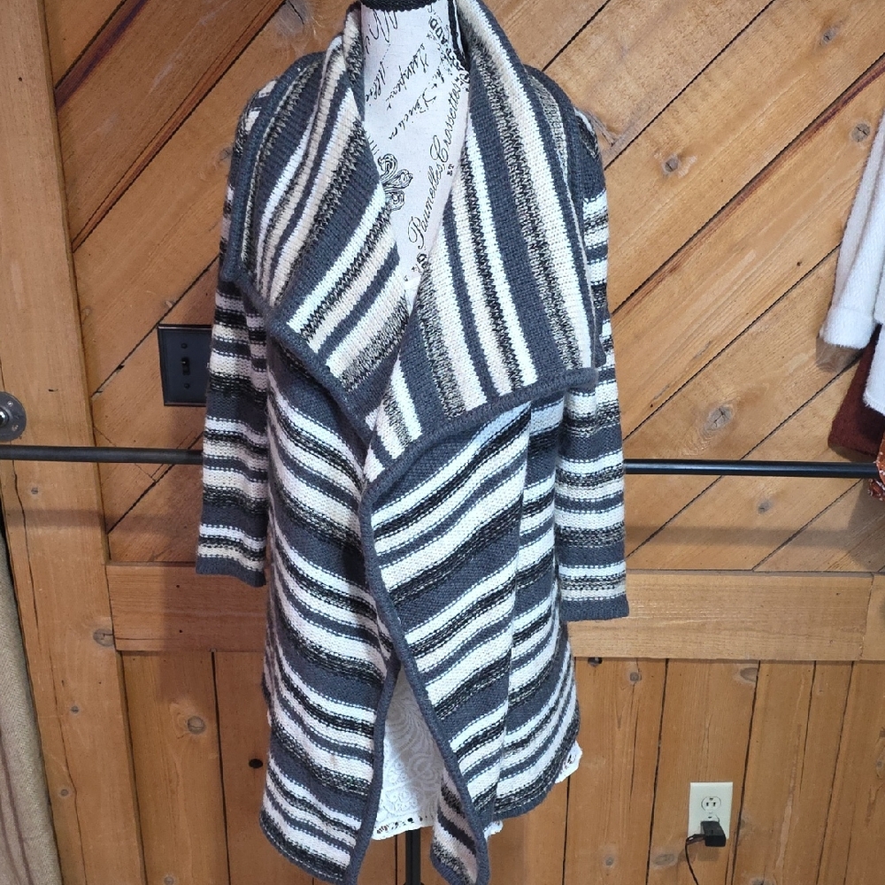 Kensie‎ Womens Open Front Draped Cardigan Sweater Grey Cream Striped XS/S